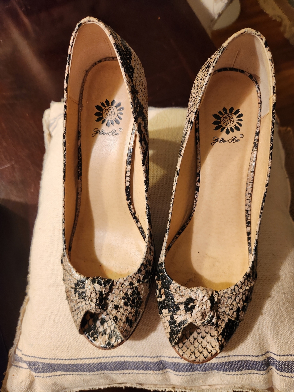 Yellow Box Snake-Print Peep-Toe Heels in Beige and Black